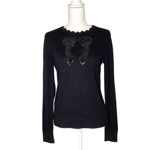 Brooks Brothers Black Sequin Bow Sweater Scalloped Neckline